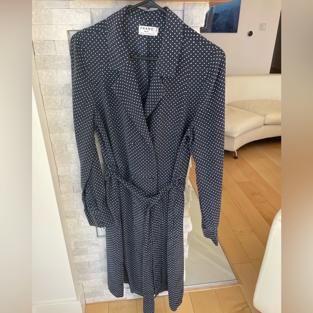 100% Silk! Frame Navy and White Polka Dot Long Sleeve Dress, knee-length, w belt